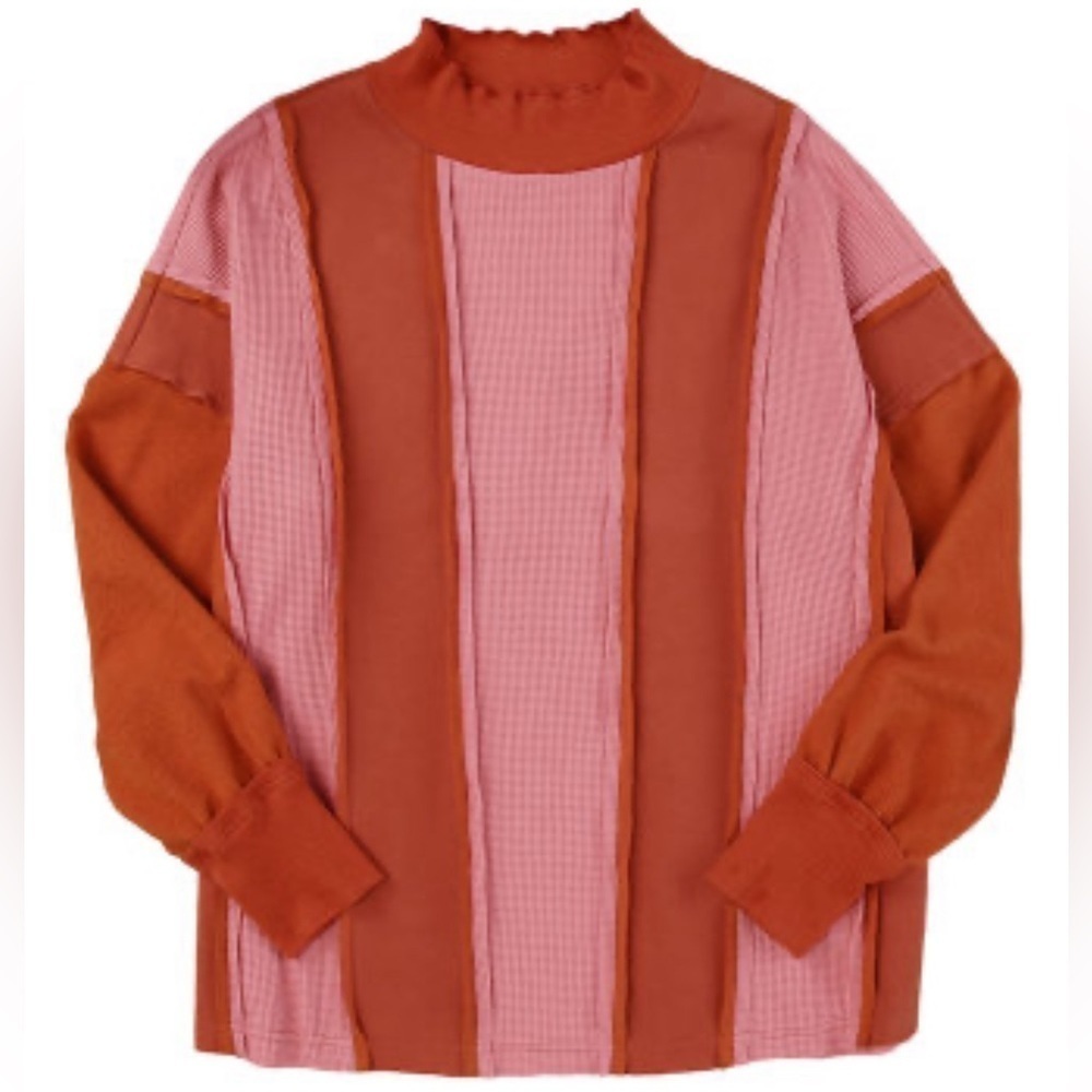 NEW Red and Pink Waffle Knit Exposed Seam Patchwork Top